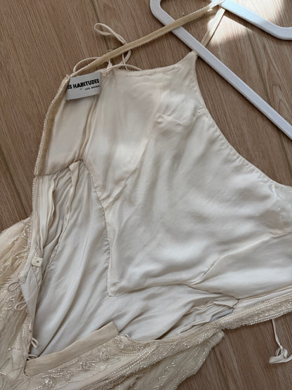 LES HABITUDES 90's Couture Vintage Iridescent Ivory Cream Silk Hand Beaded Bridal Gown