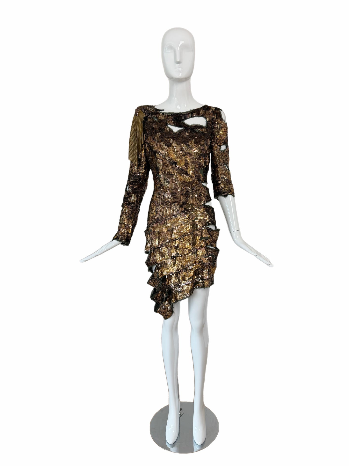 BALMAIN 2010 Vintage Runway Bronze Sequin Distressed Dress