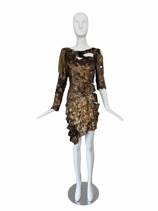 BALMAIN 2010 Vintage Runway Bronze Sequin Distressed Dress