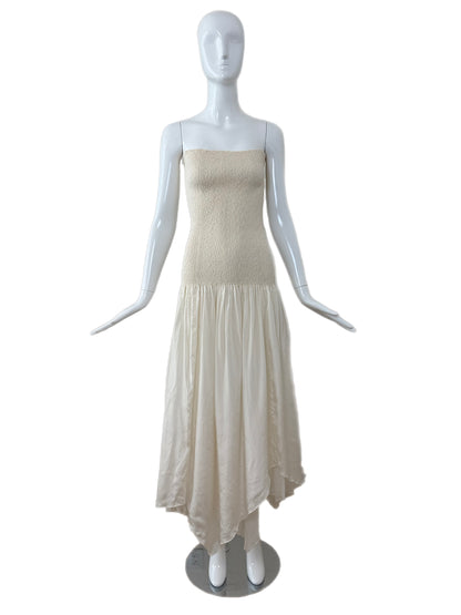 DONNA KARAN 90's Vintage Ivory Silk Smocked Long Strapless Dress