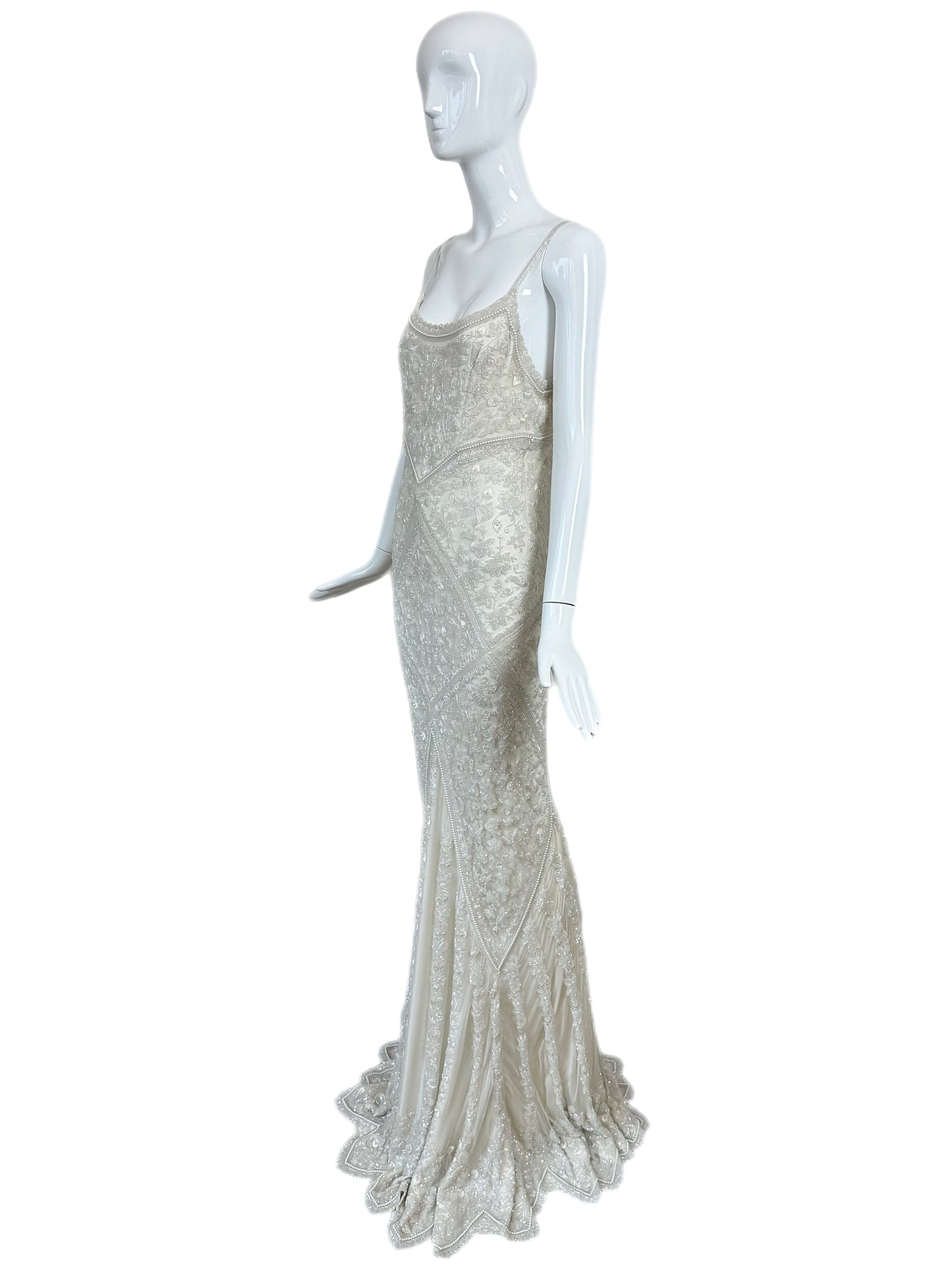 LES HABITUDES 90's Vintage Couture Hand-Beaded w. Pearls White Silk Bridal Gown
