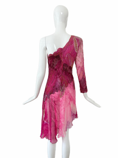 HANAE MORI Vintage Silk Hand Beaded One Shoulder Vibrant Cocktail Dress