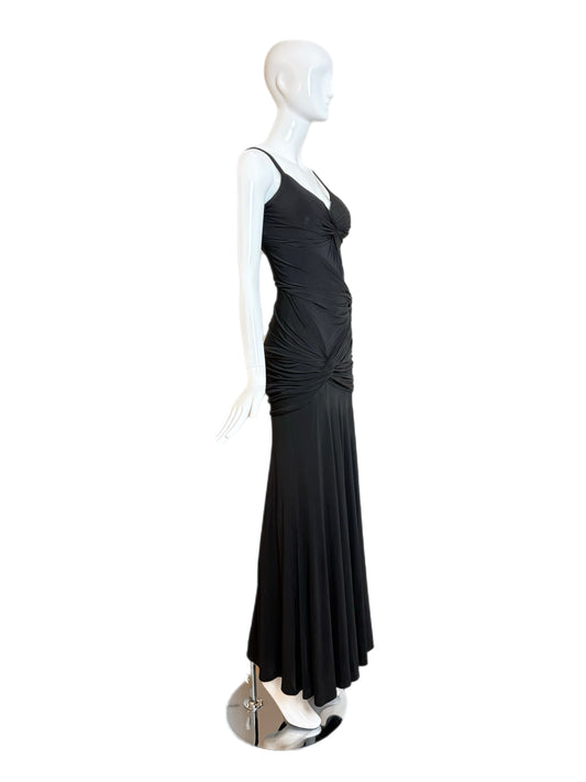 DONNA KARAN Vintage Black Ruched Knotted Evening Gown