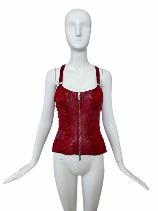 VERSACE 2003 Vintage Runway Red Leather + Lace Corset w. Ornate Hardware