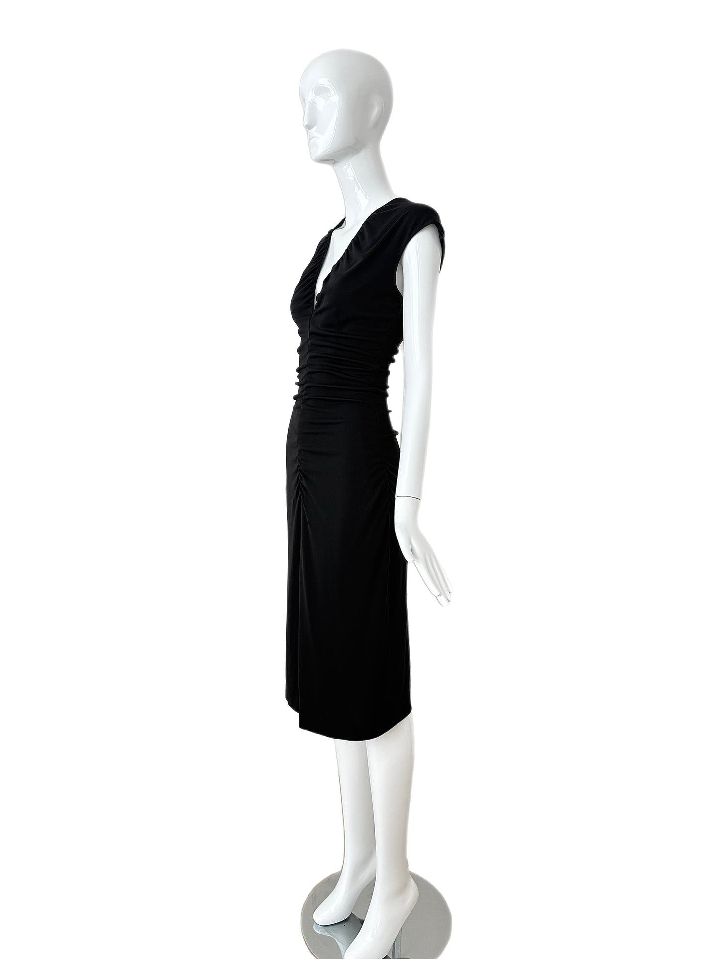 HALSTON 2001 Vintage Black Ruched Deep V Knee Length Dress