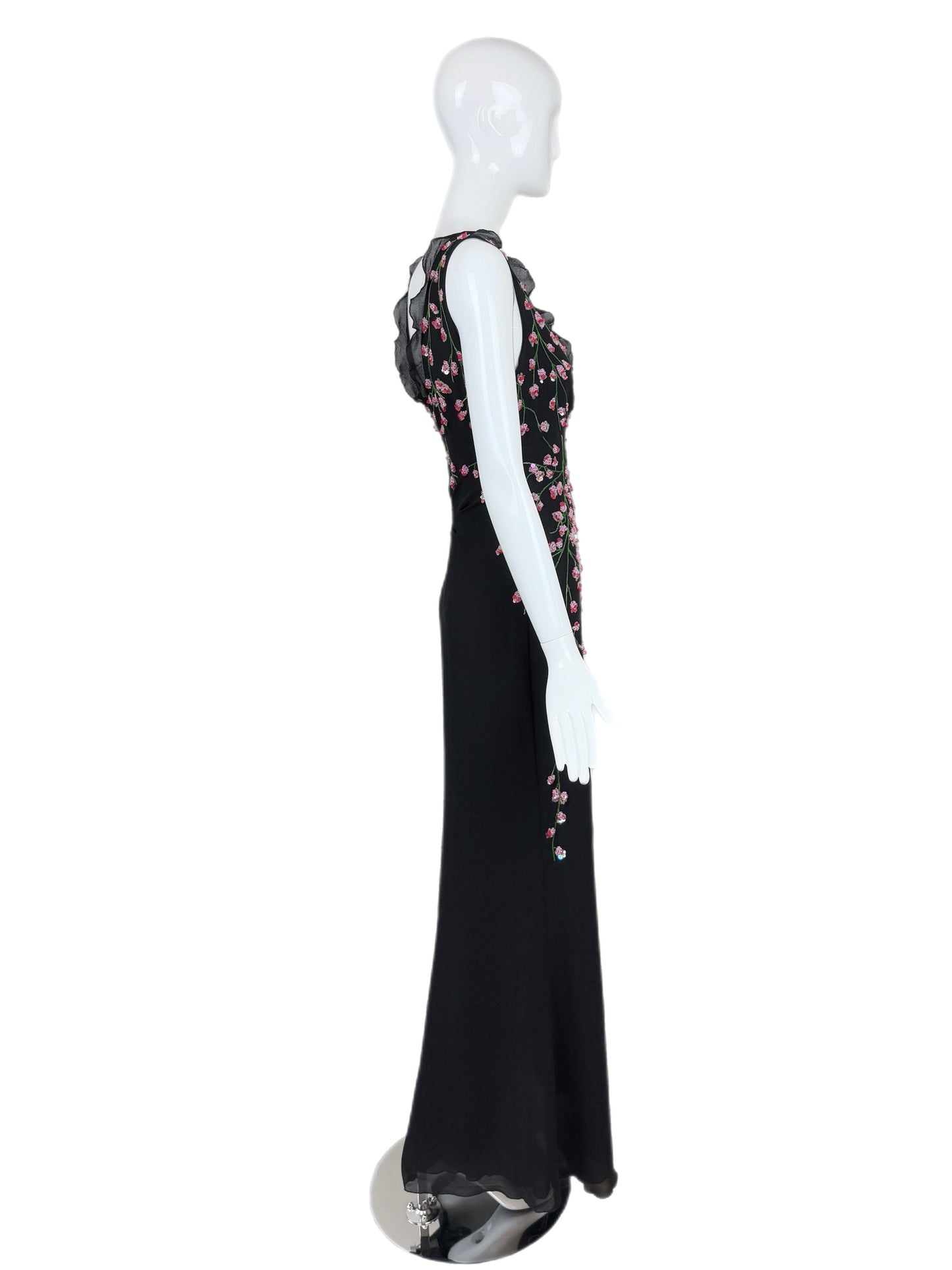 VALENTINO BOUTIQUE 90's Vintage Floral Beaded Black Silk Gown