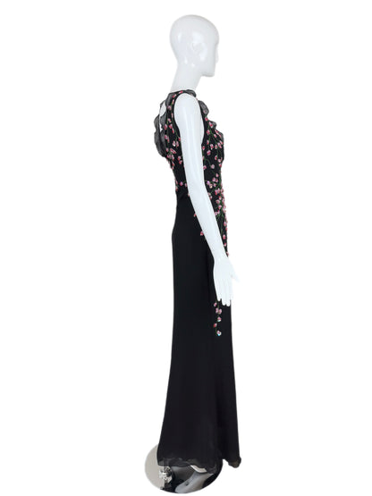 VALENTINO BOUTIQUE 90's Vintage Floral Beaded Black Silk Gown