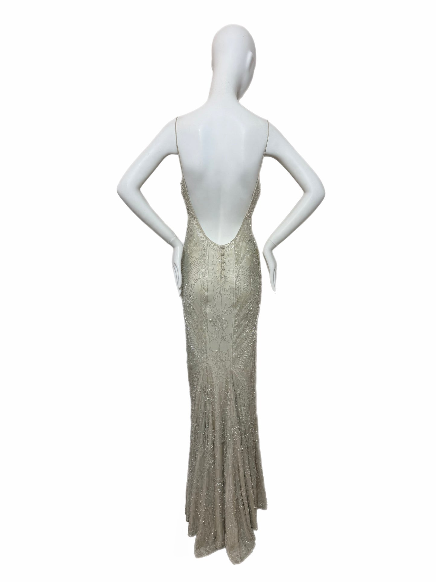 LES HABITUDES 90's Couture Vintage Iridescent Greige Silk Hand Beaded Bridal Gown