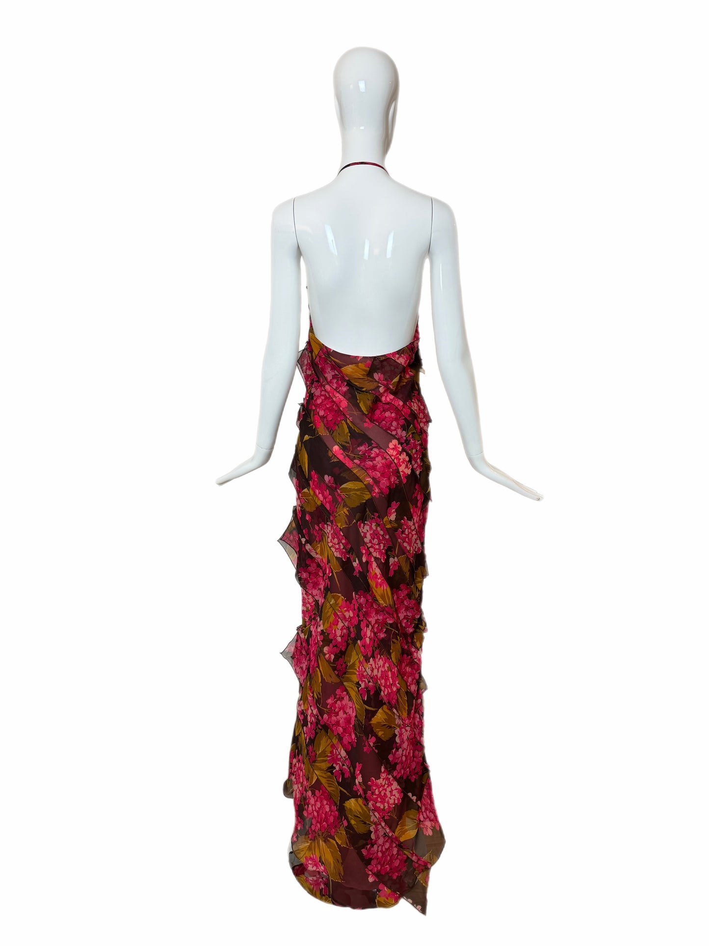 VERA WANG 2000 Vintage Silk Floral Ruffle Halter Evening Gown