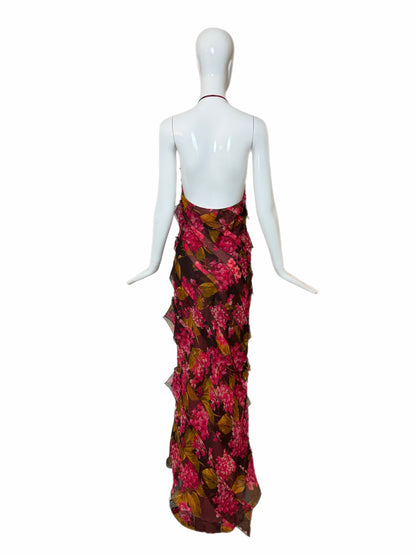 VERA WANG 2000 Vintage Silk Floral Ruffle Halter Evening Gown