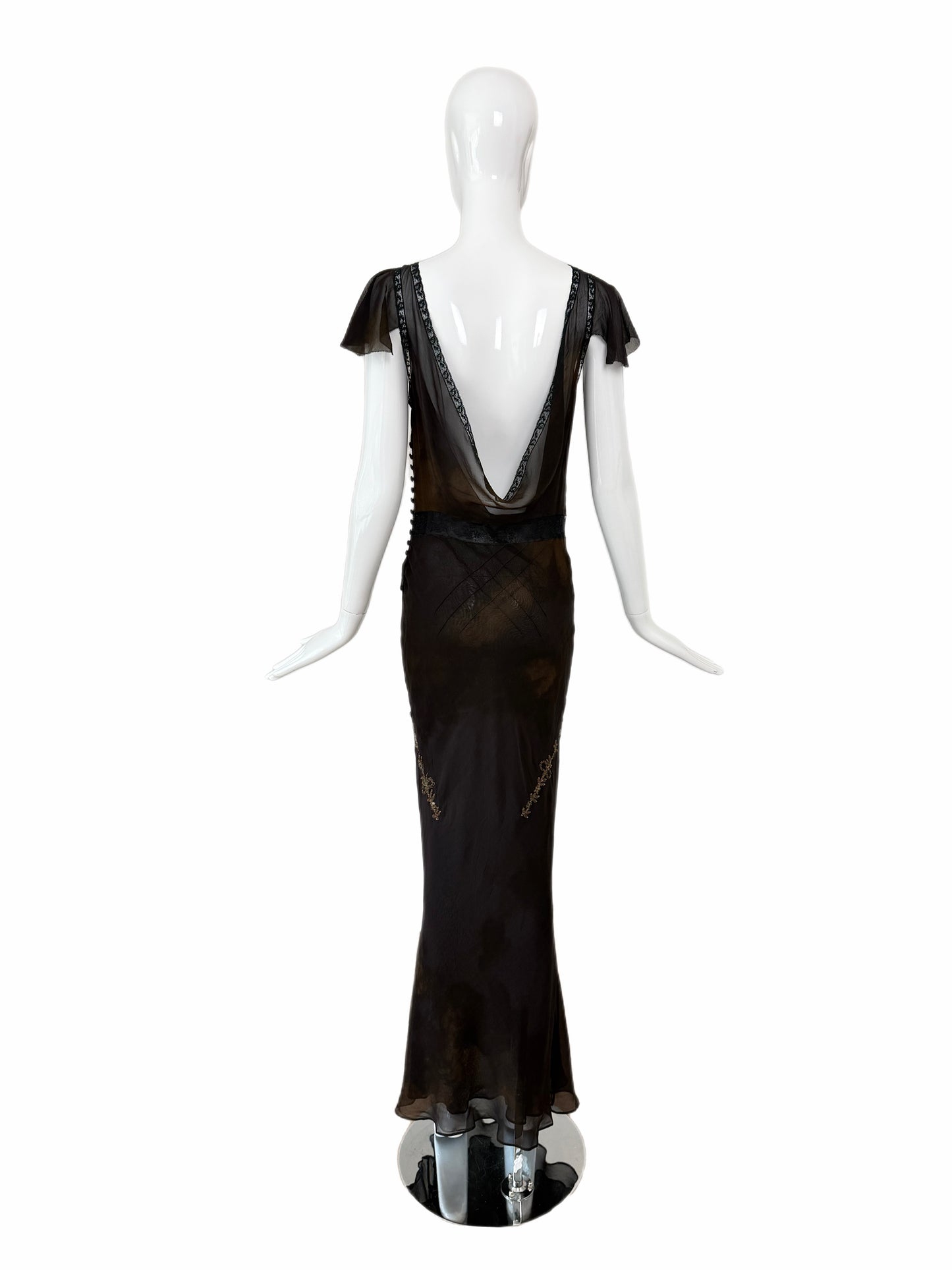 JOHN GALLIANO 2006 Vintage Runway Silk Bias Cut Metal + Lace Embellished Evening Gown
