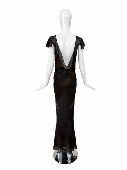 JOHN GALLIANO 2006 Vintage Runway Silk Bias Cut Metal + Lace Embellished Evening Gown