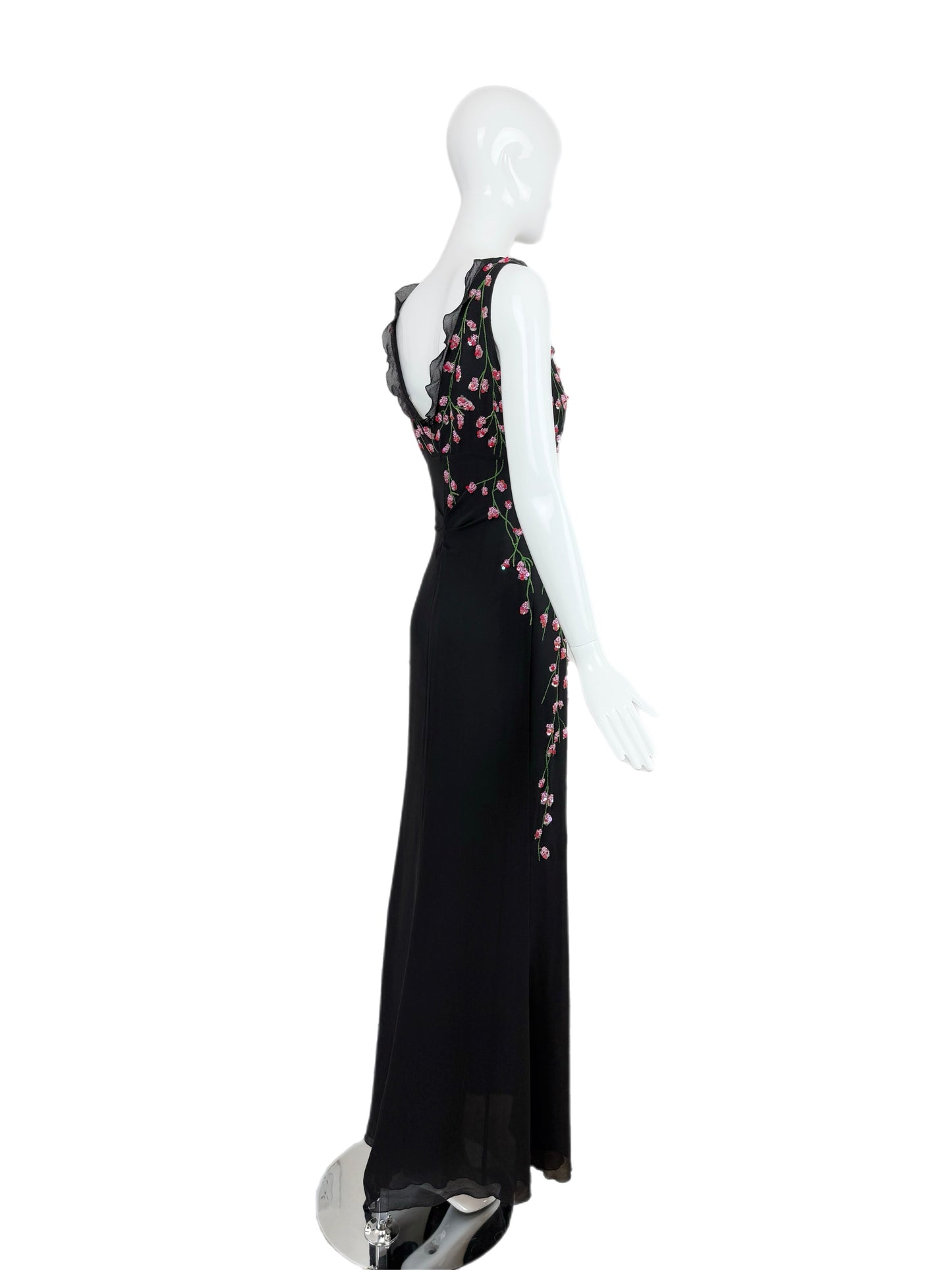 VALENTINO BOUTIQUE 90's Vintage Floral Beaded Black Silk Gown