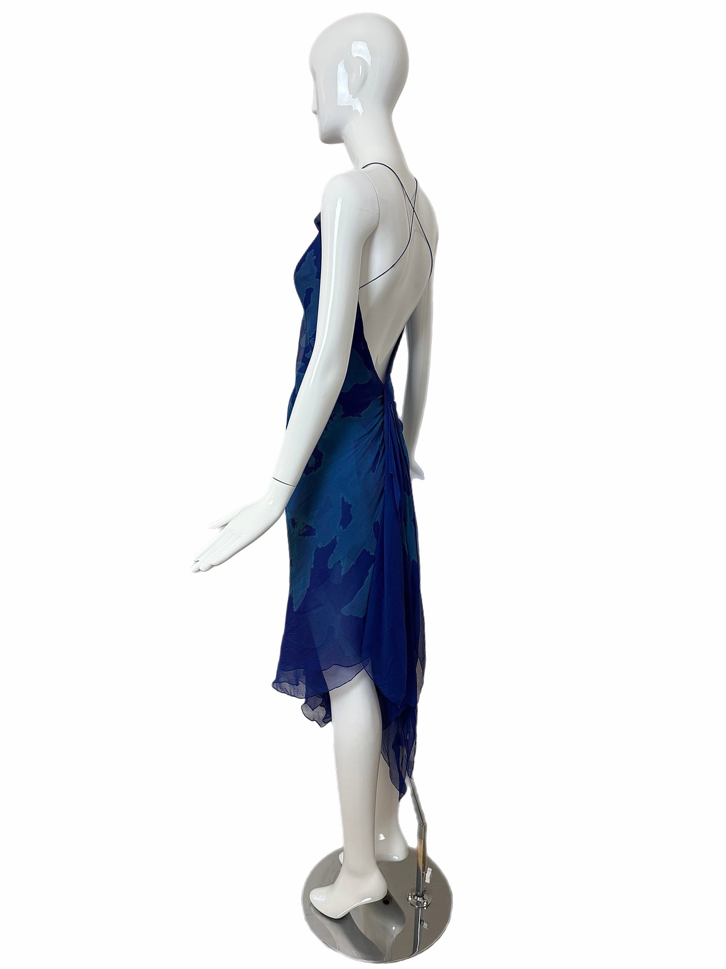 DONNA KARAN (FLAWED) 2000 Vintage Runway Silk Blue Backless Halter Dress