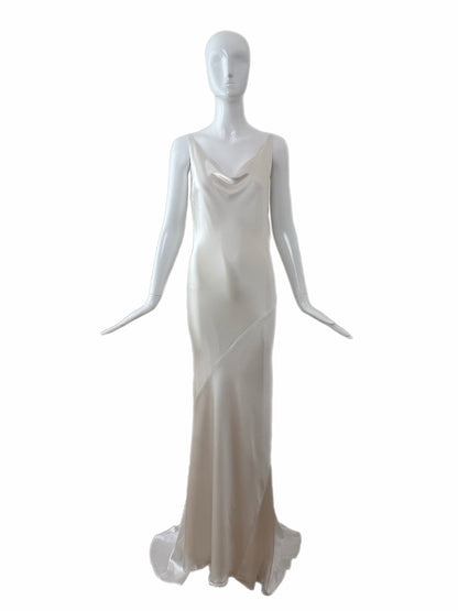 LES HABITUDES 90's Vintage Soft White Liquid Satin Bridal Gown w. Lace Detail