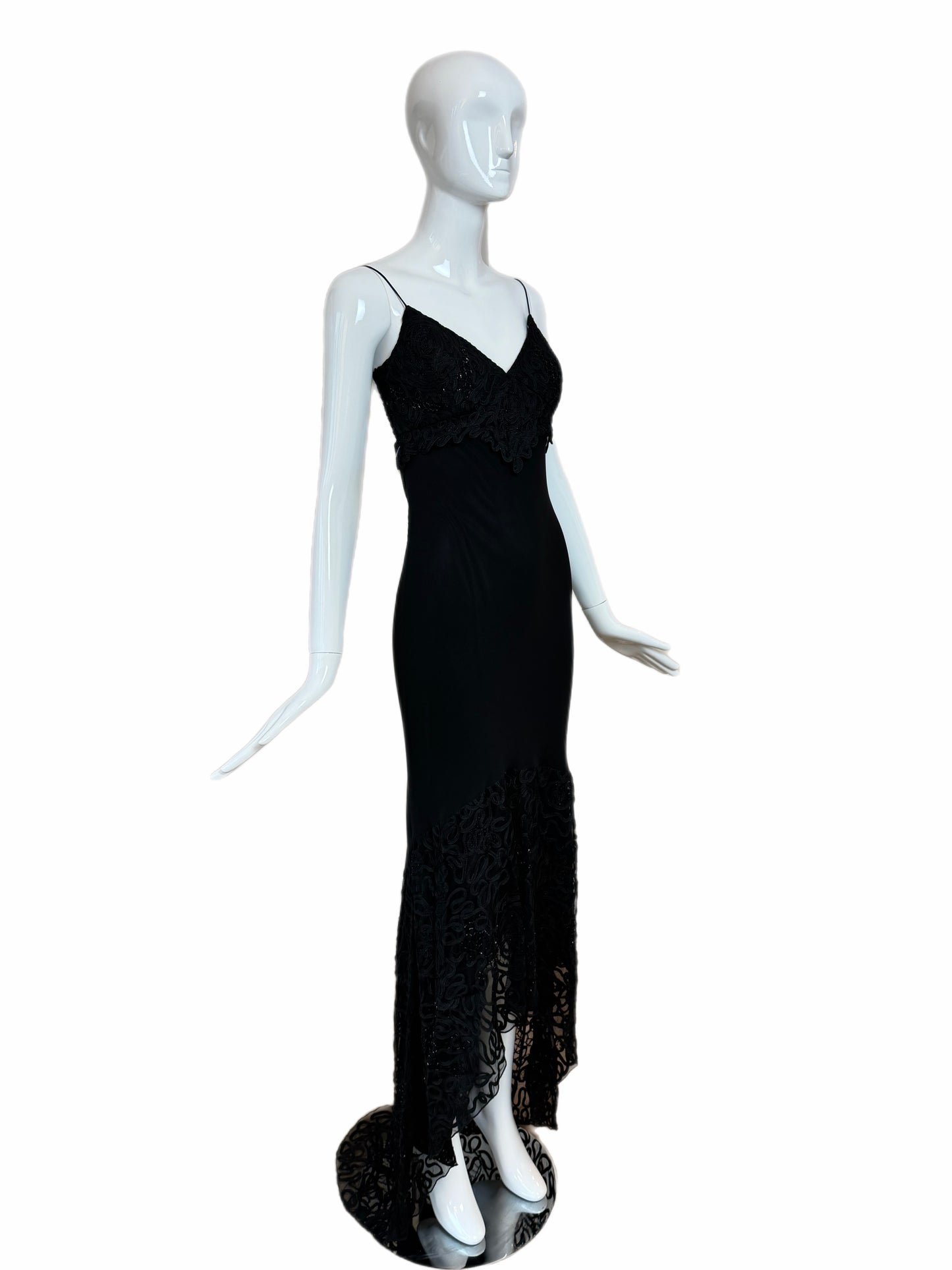 SUE WONG 00's Vintage Silk Black Beaded Evening Gown w. Train