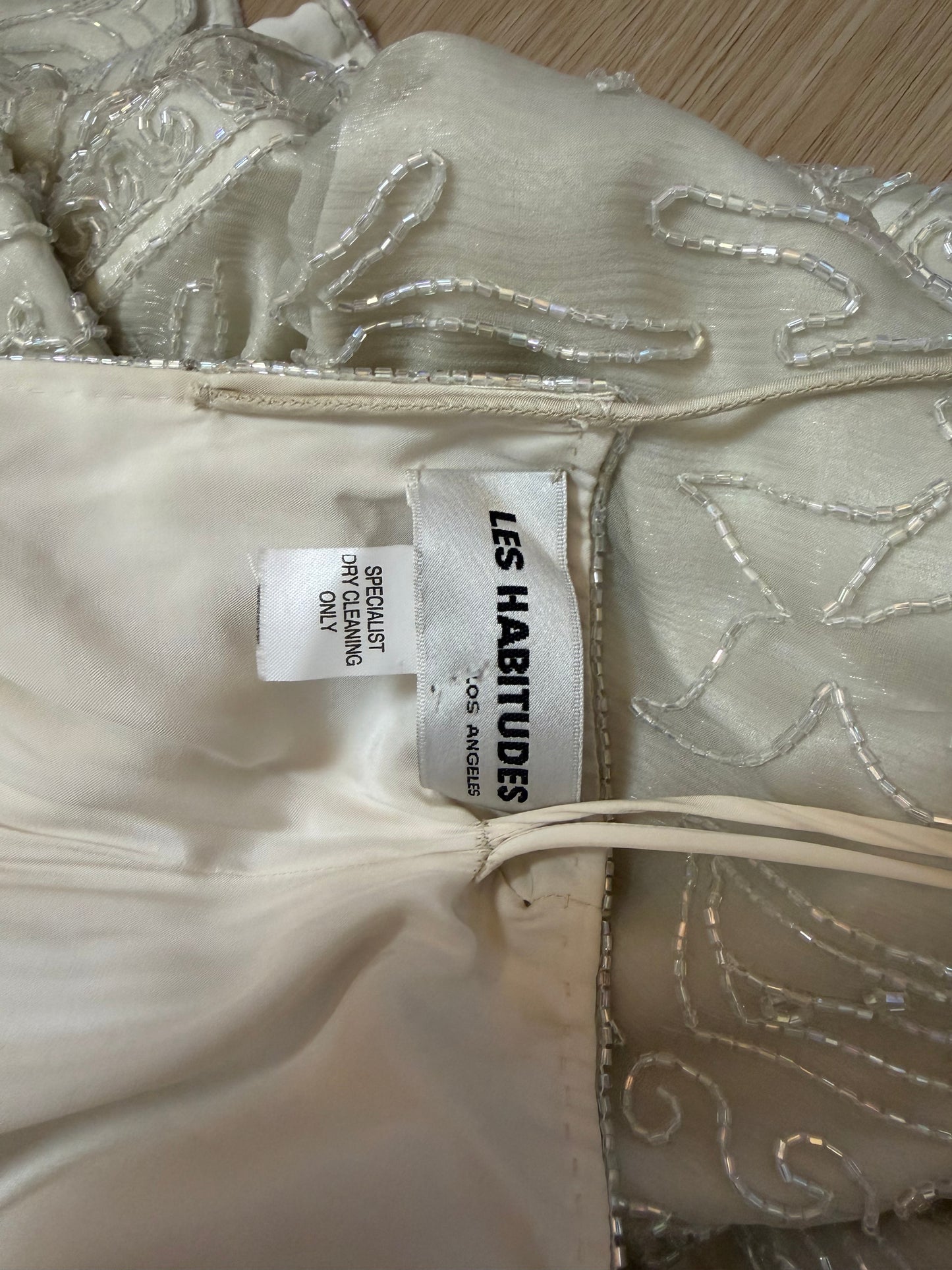 LES HABITUDES 90's Couture Vintage Iridescent Greige Silk Hand Beaded Bridal Gown