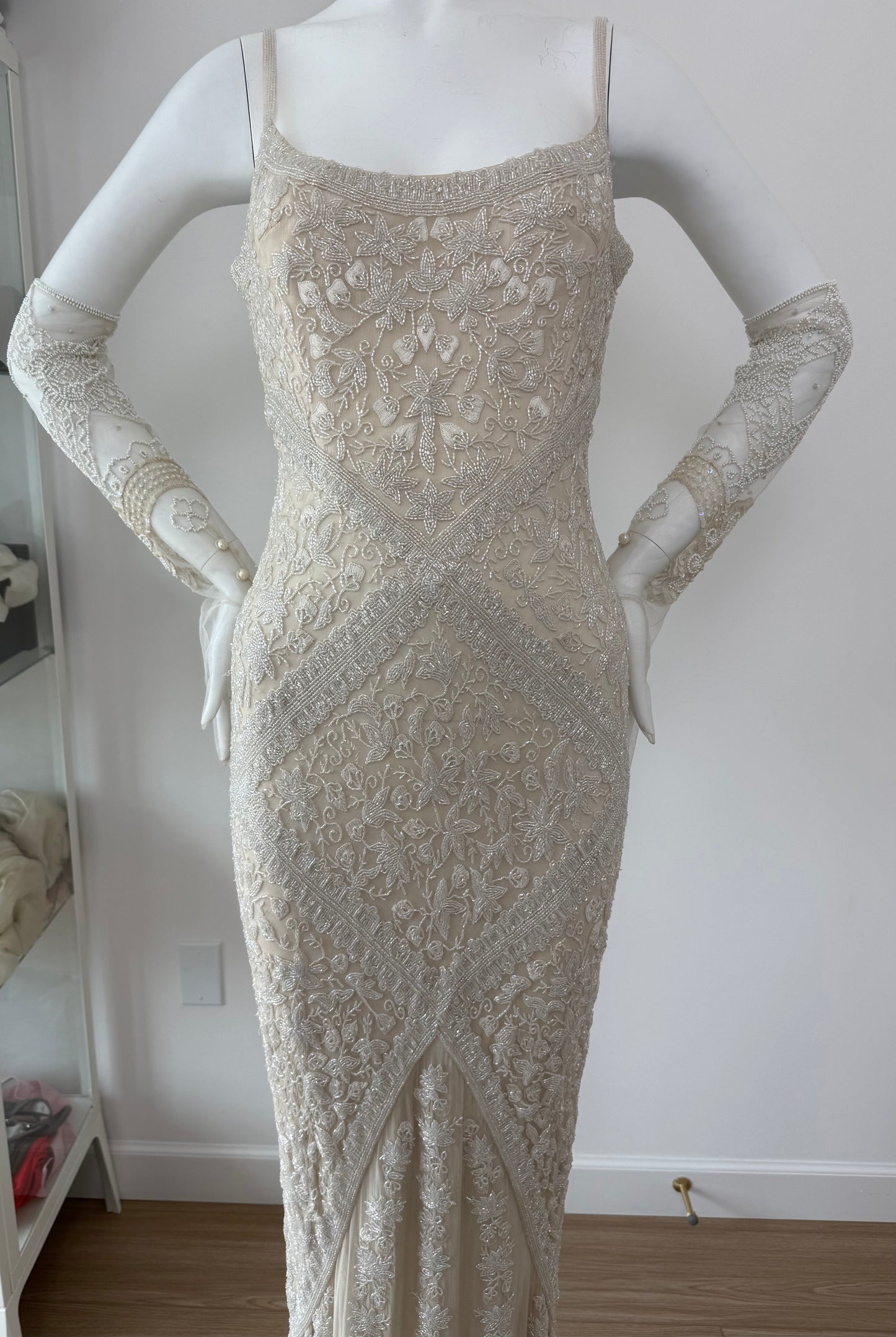 LES HABITUDES 90's Vintage Couture Hand-Beaded w. Pearls Silk Bridal Gown w. Gloves