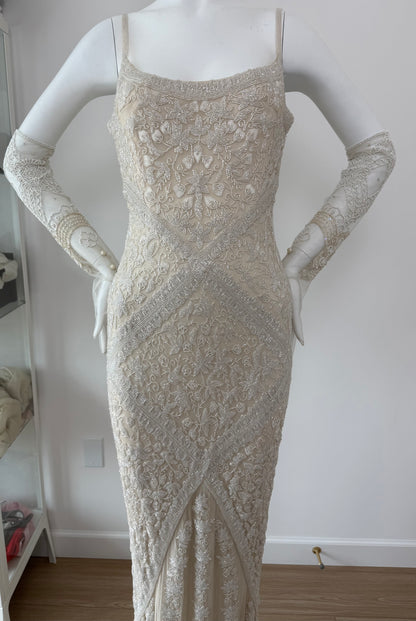 LES HABITUDES 90's Vintage Couture Hand-Beaded w. Pearls Silk Bridal Gown w. Gloves
