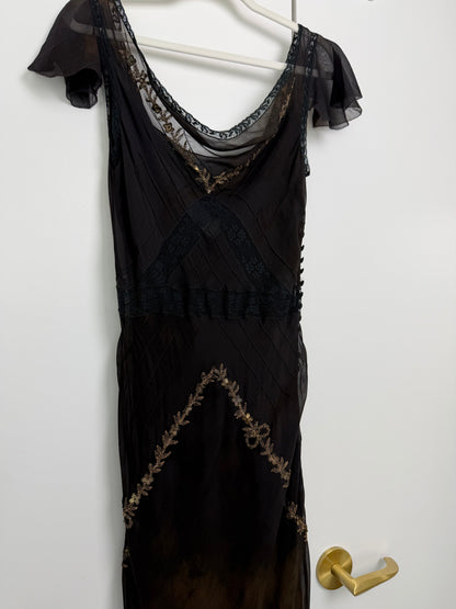 JOHN GALLIANO 2006 Vintage Runway Silk Bias Cut Metal + Lace Embellished Evening Gown