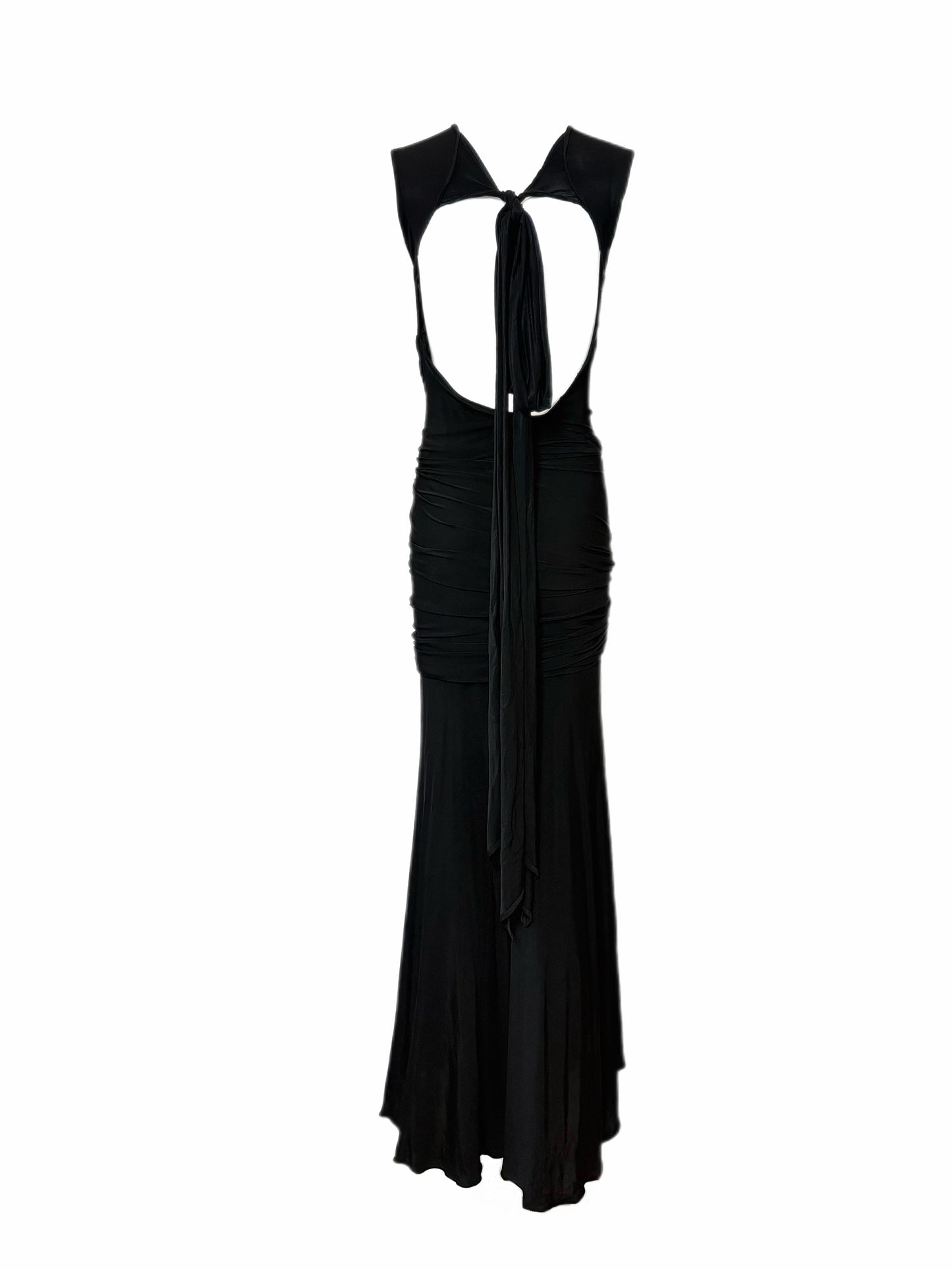 DONNA KARAN Vintage Black Ruched Open Back Evening Gown