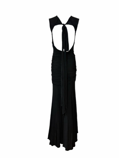 DONNA KARAN Vintage Black Ruched Open Back Evening Gown