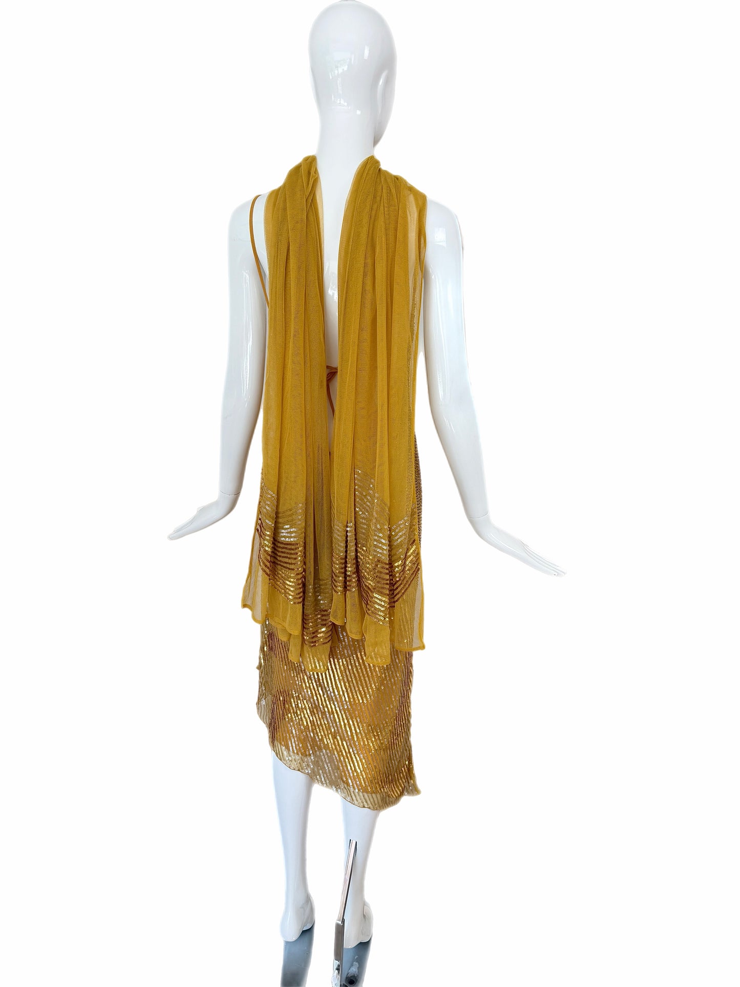 LA PERLA Vintage Marigold Embellished Slip Dress w. Sequin Shawl