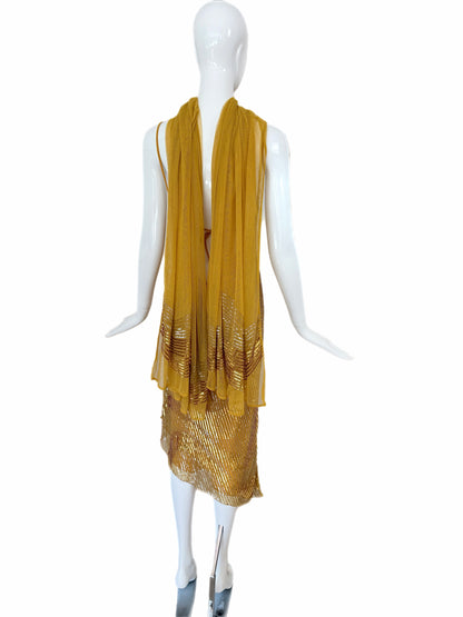 LA PERLA Vintage Marigold Embellished Slip Dress w. Sequin Shawl