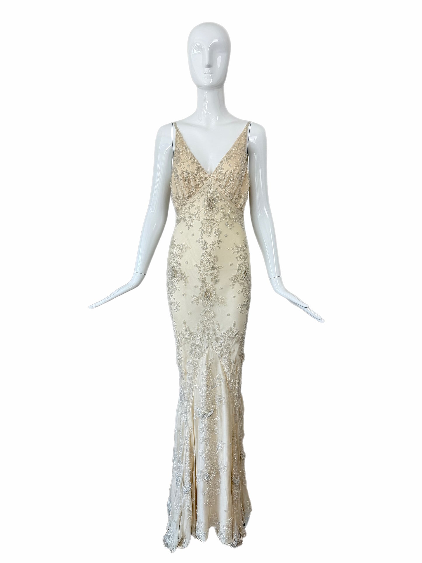 LES HABITUDES 90's Vintage Couture Vanilla Cream Beaded Silk Wedding Gown w. Shawl