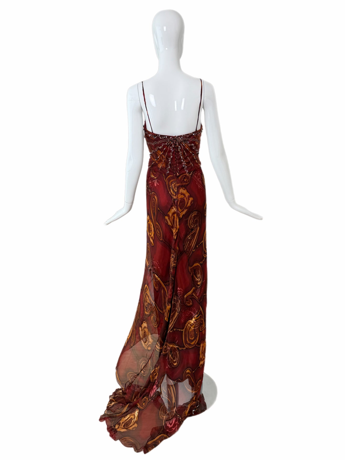 SUE WONG Vintage Silk Burgundy Embellished Evening Gown w. Train