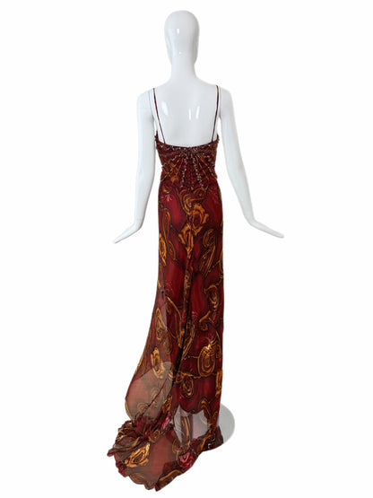 SUE WONG Vintage Silk Burgundy Embellished Evening Gown w. Train