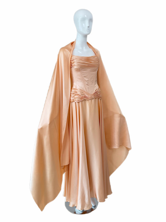 VICKY TIEL COUTURE Vintage Liquid Silk Hard Boned Corset Gown w. Shawl