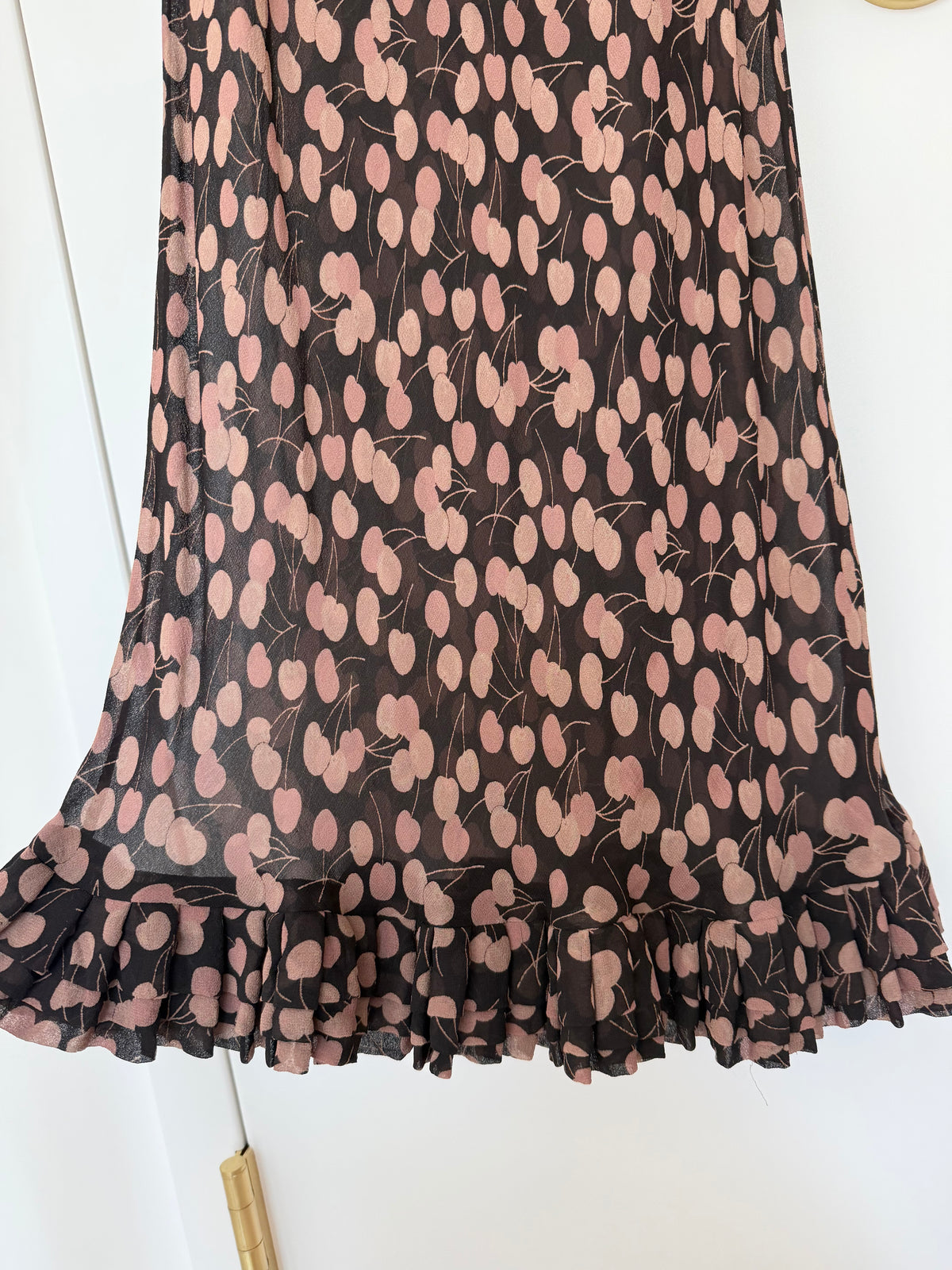 COLLETTE DINNIGAN Vintage Sheer Silk Cherry Print Ankle Length Dress