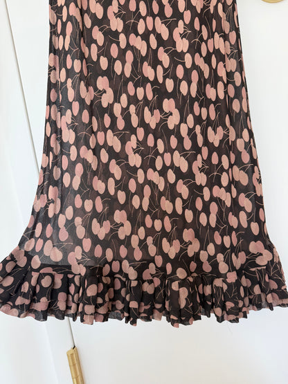 COLLETTE DINNIGAN Vintage Sheer Silk Cherry Print Ankle Length Dress