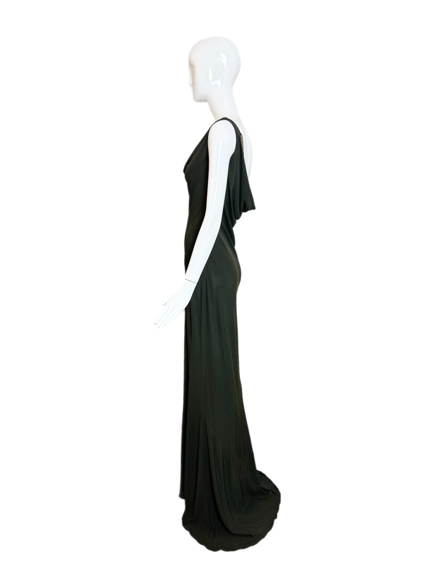 PAMELA DENNIS COUTURE 90's Vintage Hunter Green Beaded Cowl Neck Evening Gown
