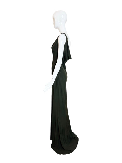 PAMELA DENNIS COUTURE 90's Vintage Hunter Green Beaded Cowl Neck Evening Gown