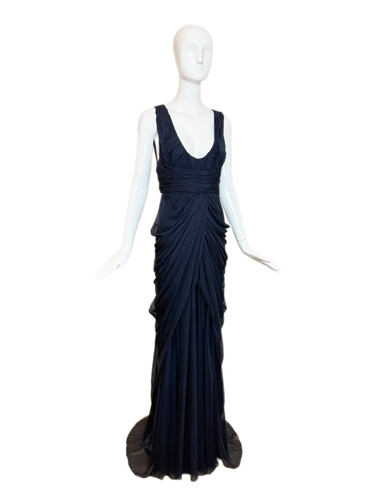 J. MENDEL Vintage Plunge Neckline Navy Blue Silk Grecian Evening Gown w. Train