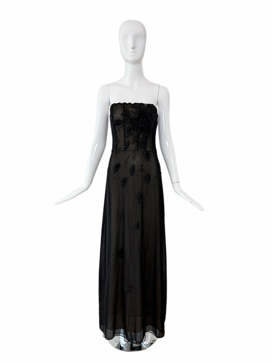 BADGLEY MISCHKA Vintage Corset Black Mesh Net Beaded Floral Motif Evening Gown