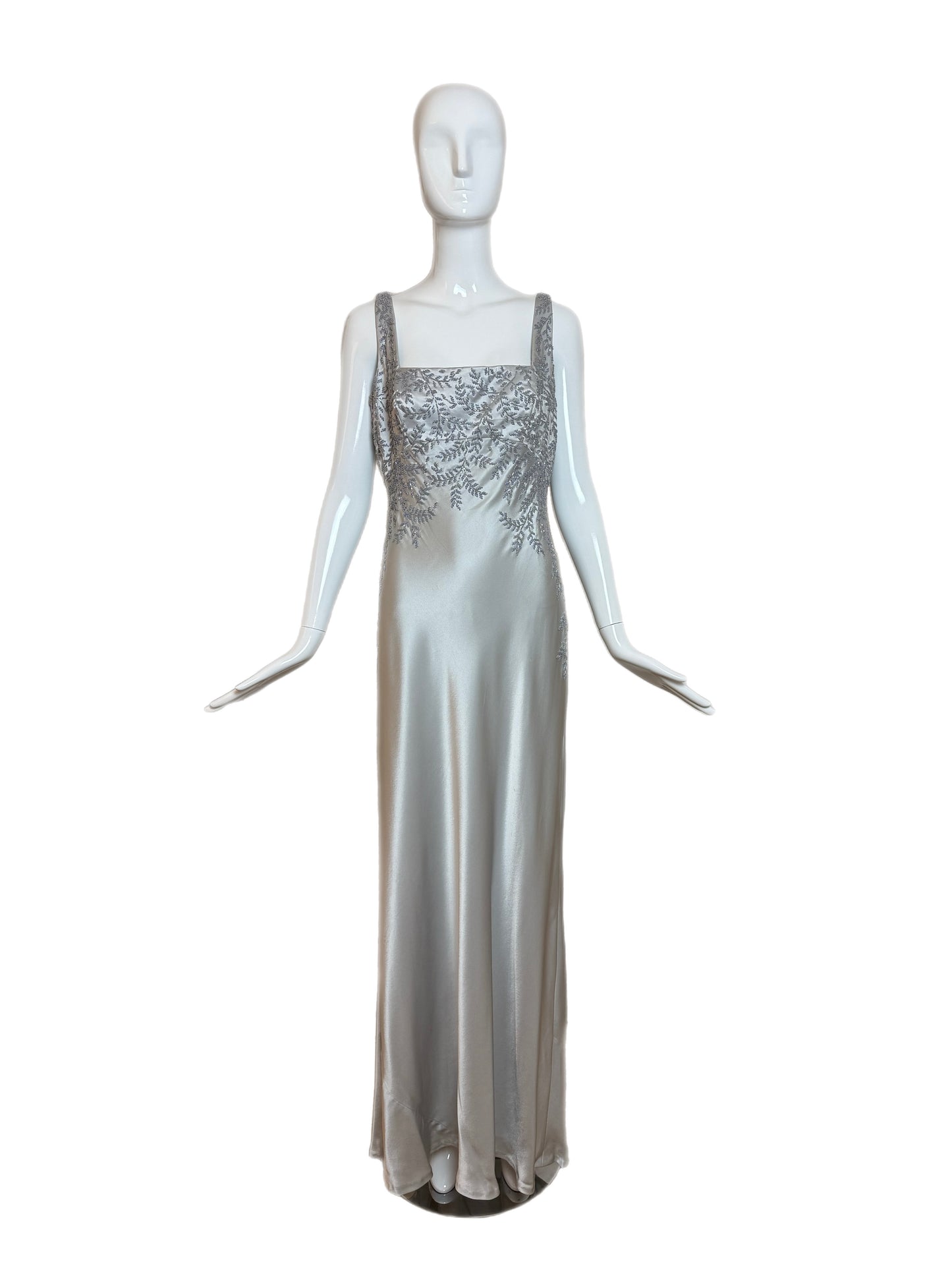 CARMEN MARC VALVO 90's Vintage Silver Beaded Evening Gown