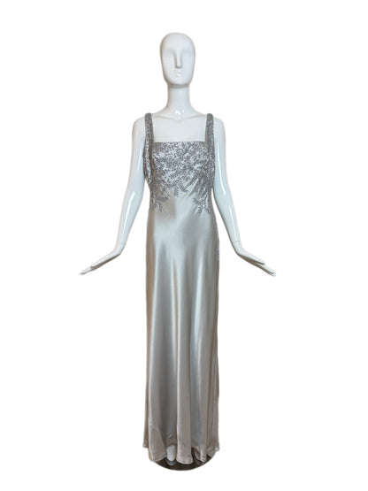 CARMEN MARC VALVO 90's Vintage Silver Beaded Evening Gown