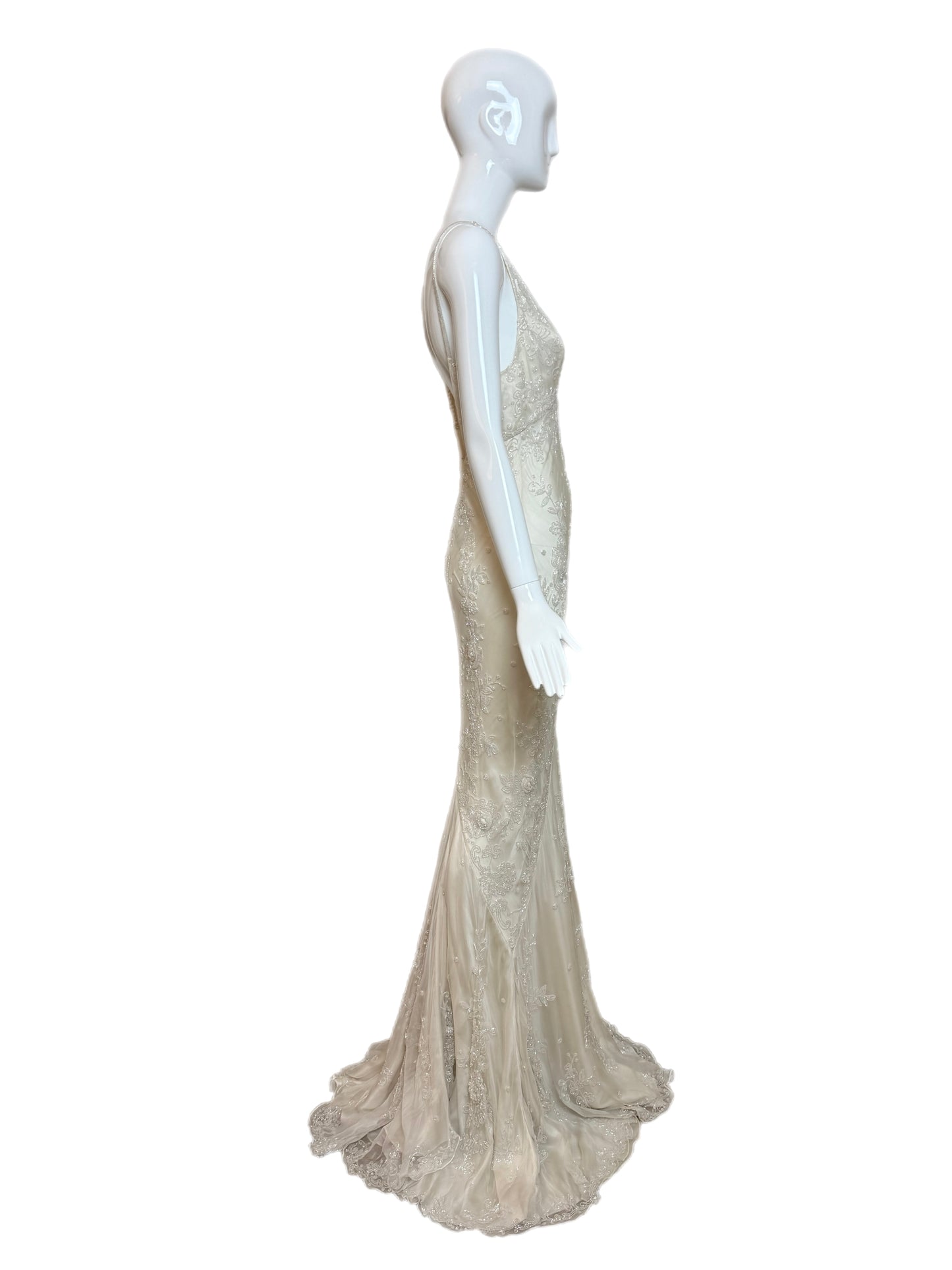LES HABITUDES 90's Vintage Couture Ivory Beaded Silk Wedding Gown w. Shawl
