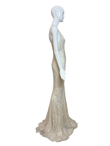 LES HABITUDES 90's Vintage Couture Ivory Beaded Silk Wedding Gown w. Shawl