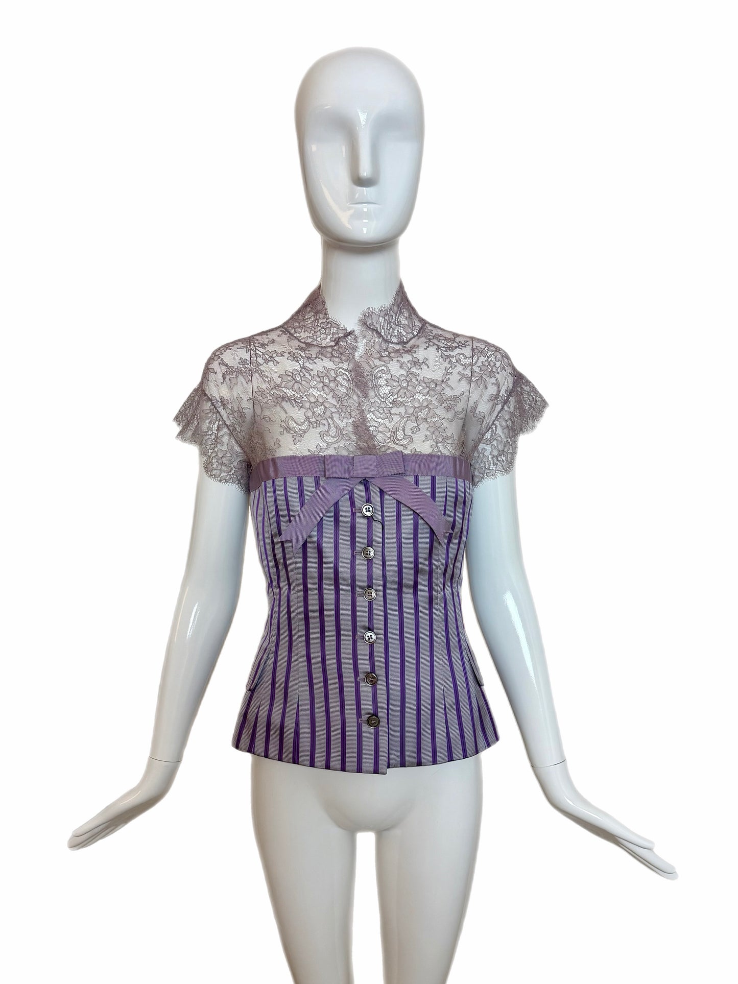 ALEXANDER MCQUEEN 2004 Vintage Silk Purple Pinstripe Lace Blouse