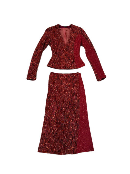 OLIVIER THEYSKENS 2001 Vintage Runway Red Orange Boucle Skirt Set