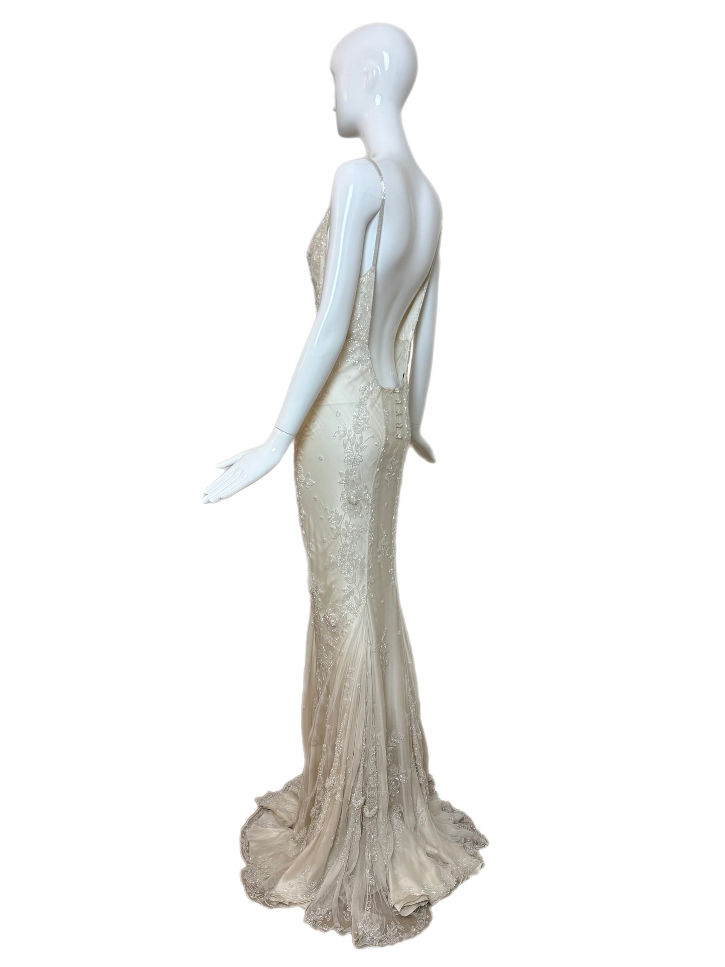 LES HABITUDES 90's Vintage Couture Ivory Beaded Silk Wedding Gown w. Shawl