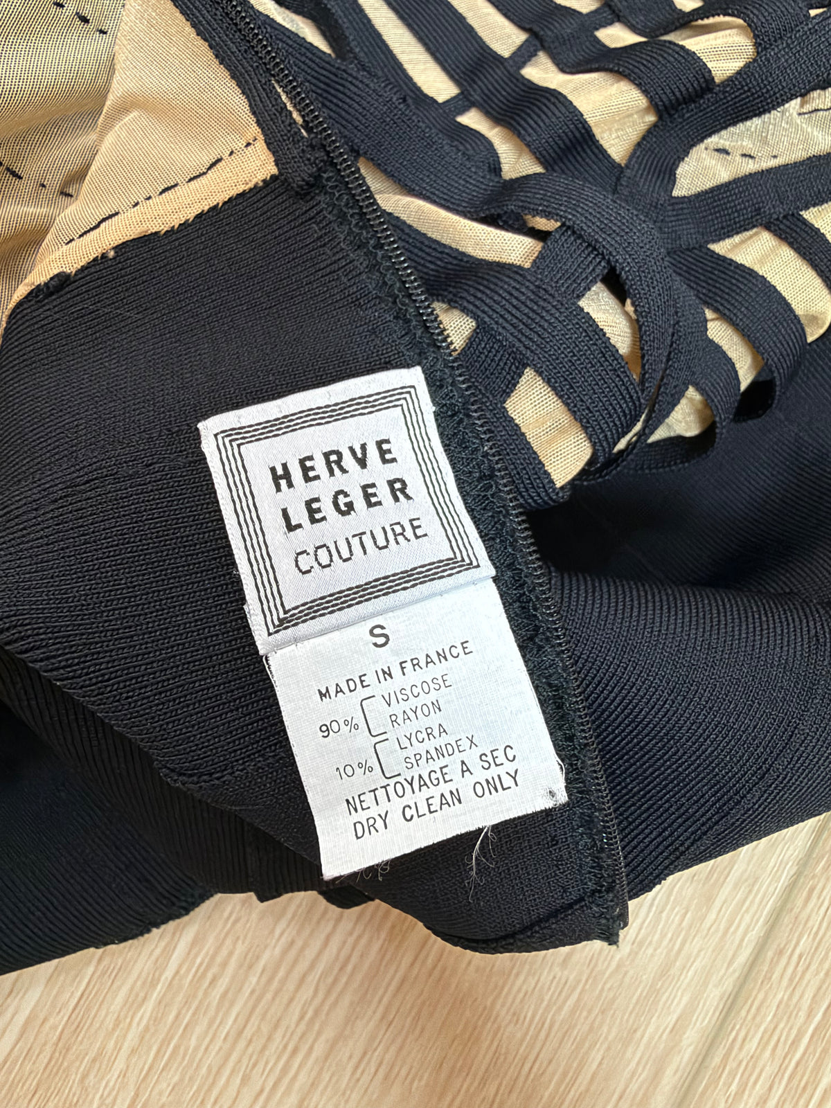 HERVE LEGER 1999 Vintage Runway Style Black + Nude Bodycon Dress
