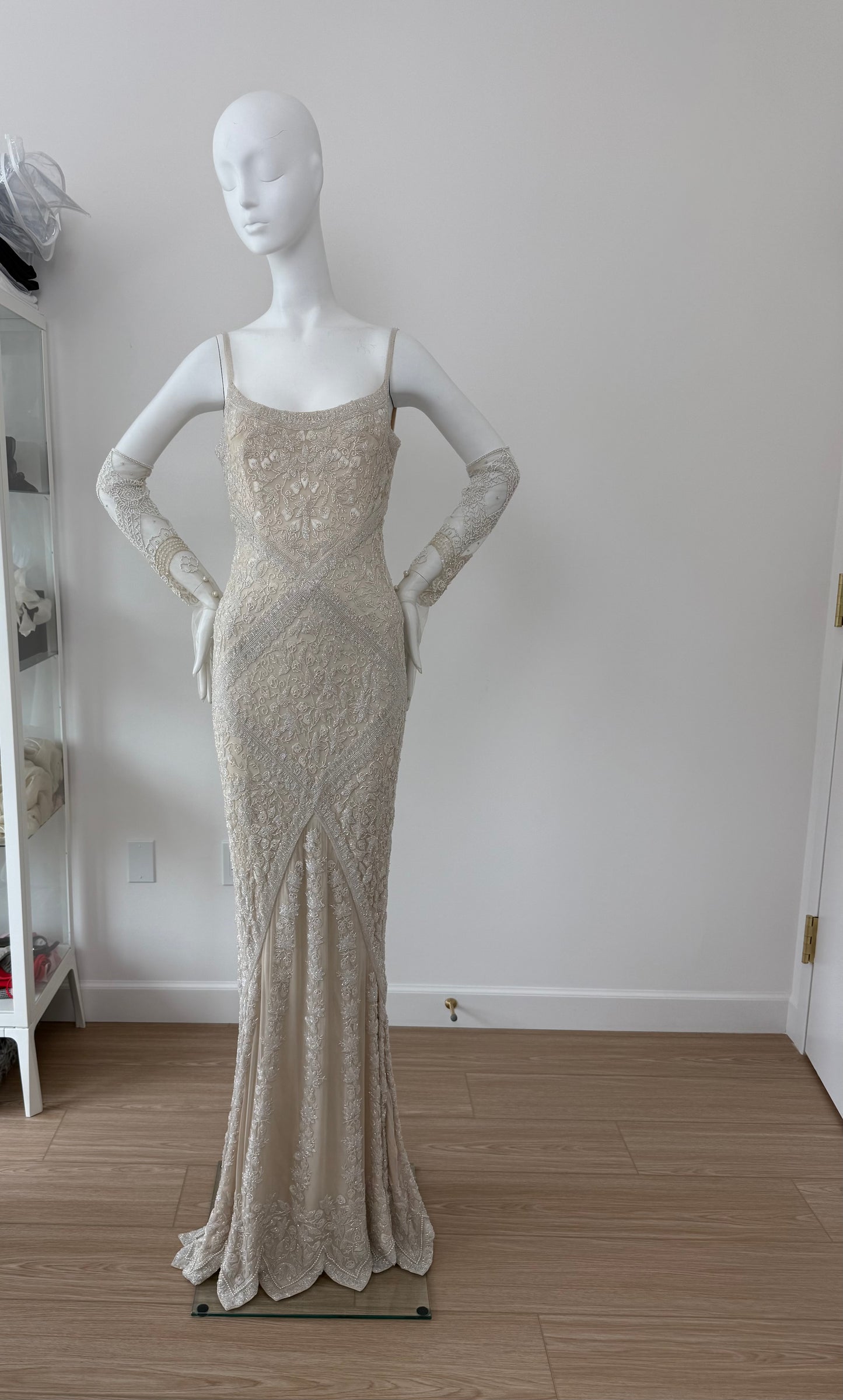 LES HABITUDES 90's Vintage Couture Hand-Beaded w. Pearls Silk Bridal Gown w. Gloves