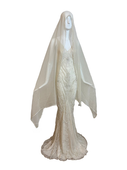LES HABITUDES 90's Vintage Couture Ivory Beaded Silk Wedding Gown w. Shawl