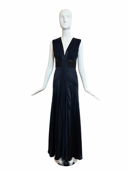 J. MENDEL Midnight Blue Silk w. Black Embellishments Evening Gown