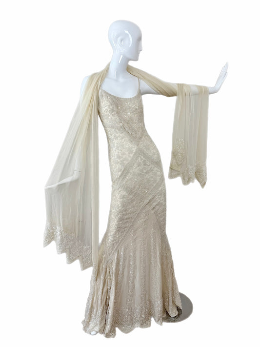 LES HABITUDES 90's Vintage Couture Ivory Beaded Silk Wedding Gown w. Shawl